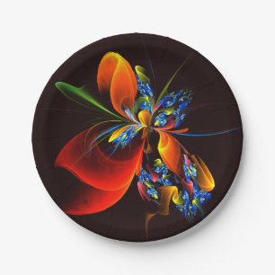 Blue Orange Floral Modern Abstract Art Pattern #03 Paper Plate