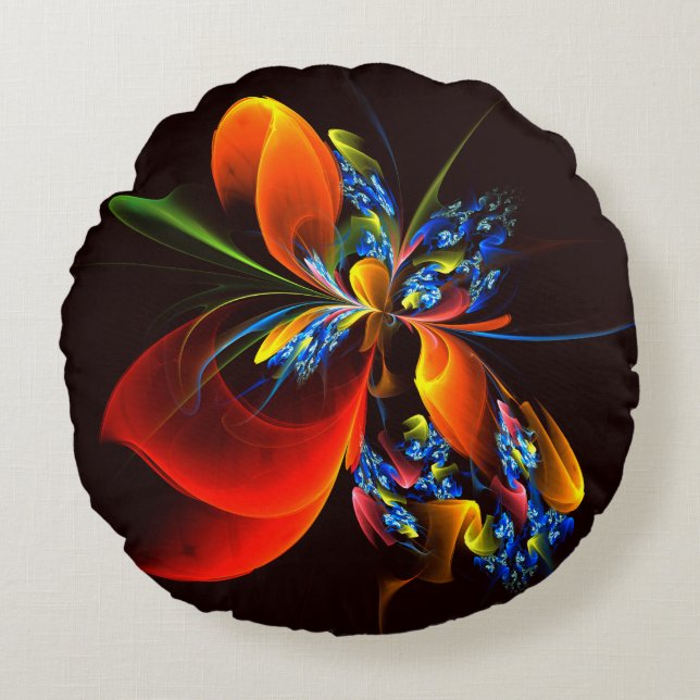 Blue Orange Floral Modern Abstract Art Pattern #03 Round Pillow (Front)