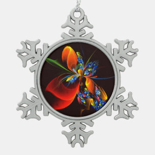 Blue Orange Floral Modern Abstract Art Pattern #03 Snowflake Pewter Christmas Ornament