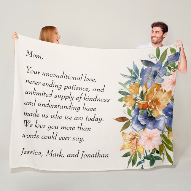 Blue Orange Floral Mother Mom We Love You  Fleece Blanket (In Situ)