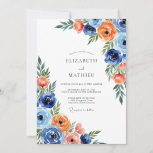 Blue Orange Floral Whimsical Wedding Invitation