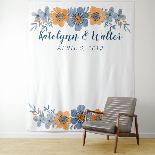 Blue & Orange Flower Wedding Photo Booth Backdrop Tapestry (In Situ)