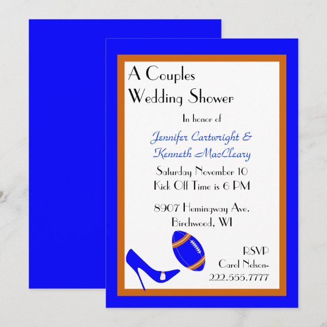 Blue & Orange Football Wedding Shower Invitation (Front/Back)