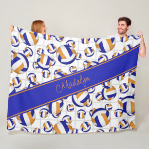 blue orange girly volleyballs w net accent pattern fleece blanket