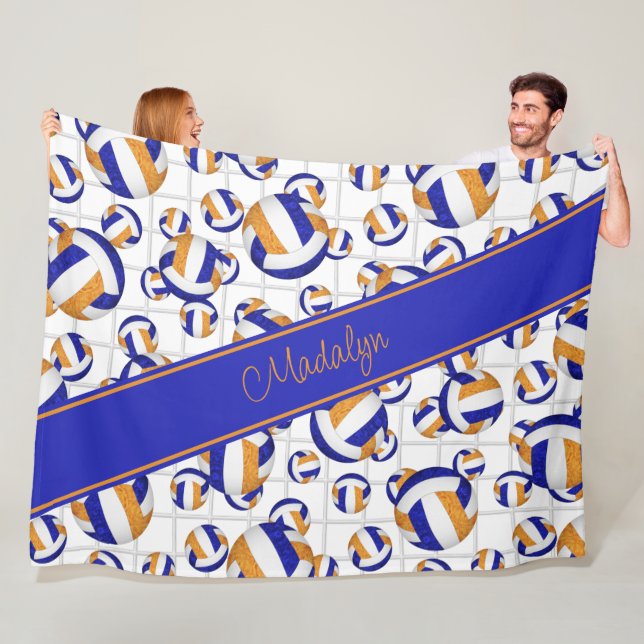 blue orange girly volleyballs w net accent pattern fleece blanket (In Situ)