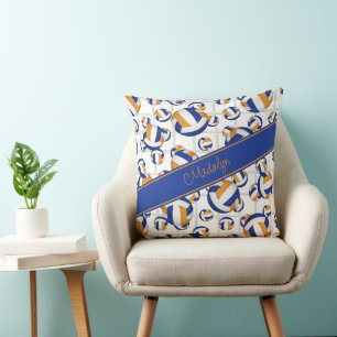 blue orange girly volleyballs w net accent pattern throw pillow