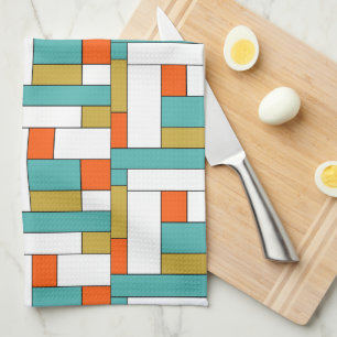 Blue Orange Gold Retro Colour Block Pattern Kitchen Towel