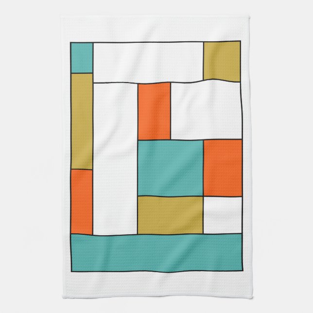 Blue Orange Gold Retro Colour Blocks Kitchen Towel (Vertical)