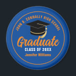 Blue Orange Graduate Custom 2025 Graduation Party Magnet<br><div class="desc">This modern blue and orange custom senior graduate magnet features classy white typography of your high school or college name for the class of 2025. Customize with your graduating year under the chic black handwritten script and black grad cap for a great personalized graduation keepsake.</div>
