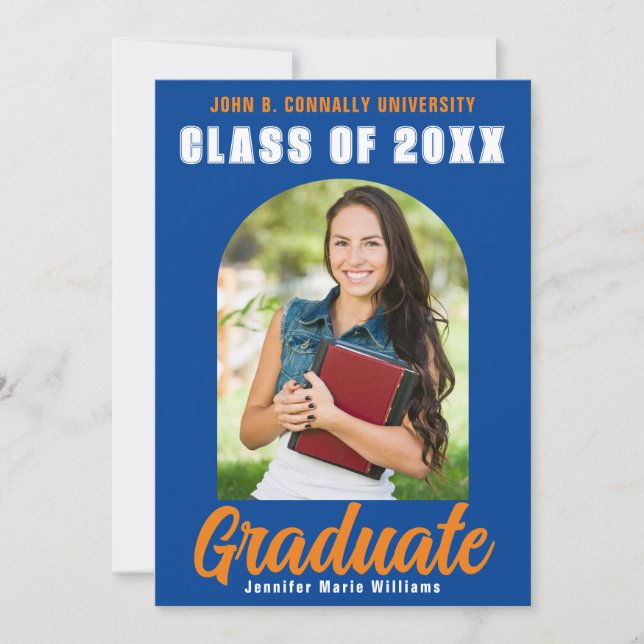 Blue Orange Graduate Photo Modern Bold Graduation Announcement (Front)