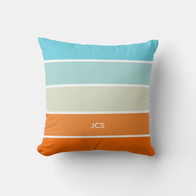 Blue Orange Green Colour Block Stripes Monogram Throw Pillow (Front)