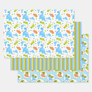 Blue, Orange, Green Coordinating Dinosaur Wrapping Paper Sheet