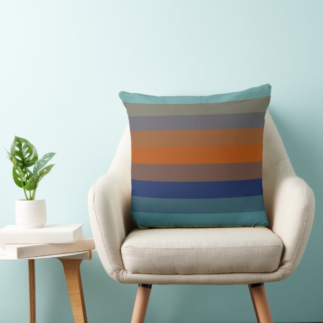 Blue, orange, green, yellow and gray stripes throw pillow (Chair)