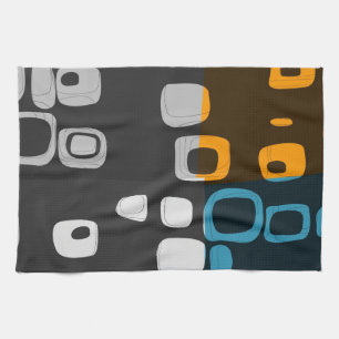 Blue, Orange, Grey Retro Abstract Art Kitchen Towel