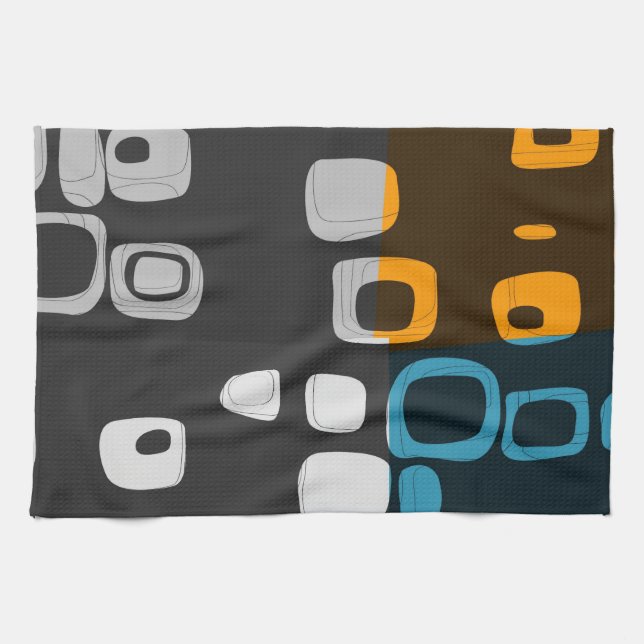 Blue, Orange, Grey Retro Abstract Art Kitchen Towel (Horizontal)