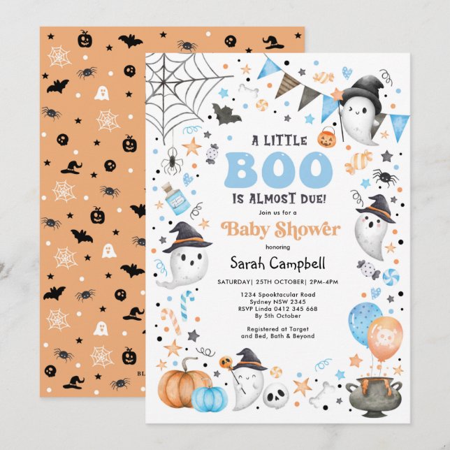 Blue Orange Halloween Ghost Boy Baby Shower Invitation (Front/Back)