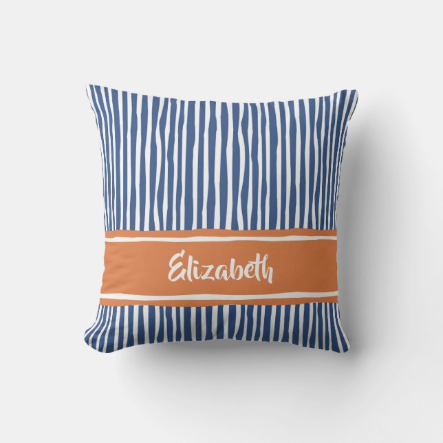 Blue Orange Hand Drawn Stripe Name Throw Pillow (Front)