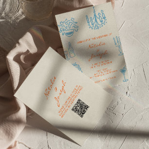 Blue Orange Hand Drawn Whimsical QR Code Wedding Invitation