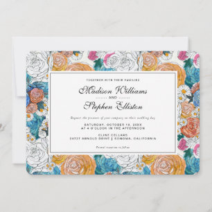 Blue & Orange Hand Painted Flowers - Wedding Invitation