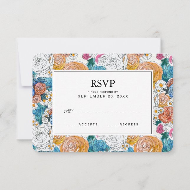 Blue & Orange Hand Painted Flowers - Wedding RSVP (Front)
