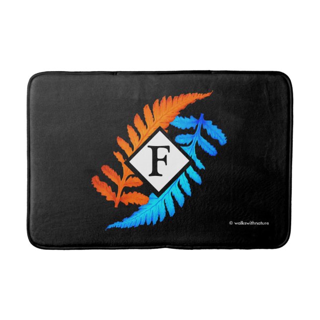 Blue Orange Japanese Painted Ferns Monogram Bath Mat (Front)