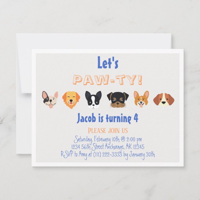 Blue Orange Let's Pawty Puppy Boy Birthday Party  Invitation (Front)