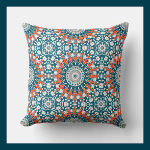 Blue & Orange Mandala Kaleidoscope Medallion Throw Pillow