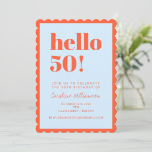 Blue Orange Modern 50th Scalloped Birthday Party Invitation