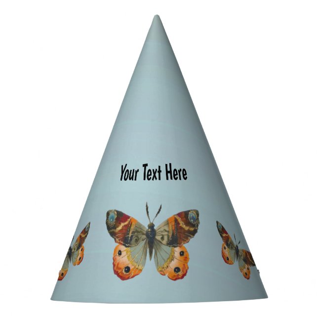 Blue Orange Monarch Butterflies on Light Blue Party Hat (Front)