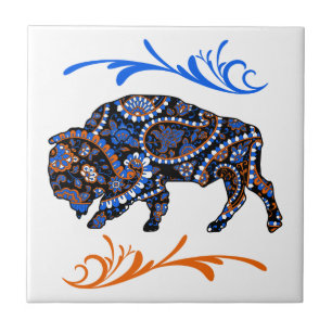 Blue Orange Mosaic Bison Art Tile