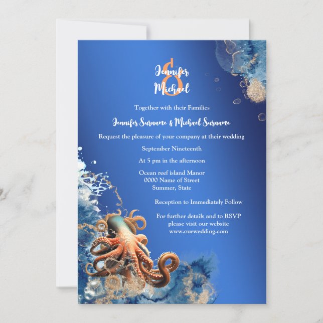 Blue orange octopus wedding beach theme invitation (Front)