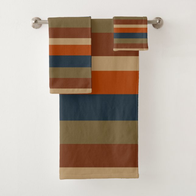 Blue, orange, olive, and sand stripes bath towel set (Insitu)