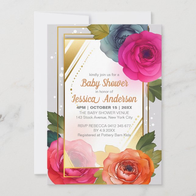 Blue Orange Pink Floral Baby Shower Gold Frame Invitation (Front)
