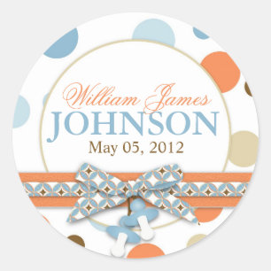 Blue & Orange Polka Dots Announcement Classic Round Sticker