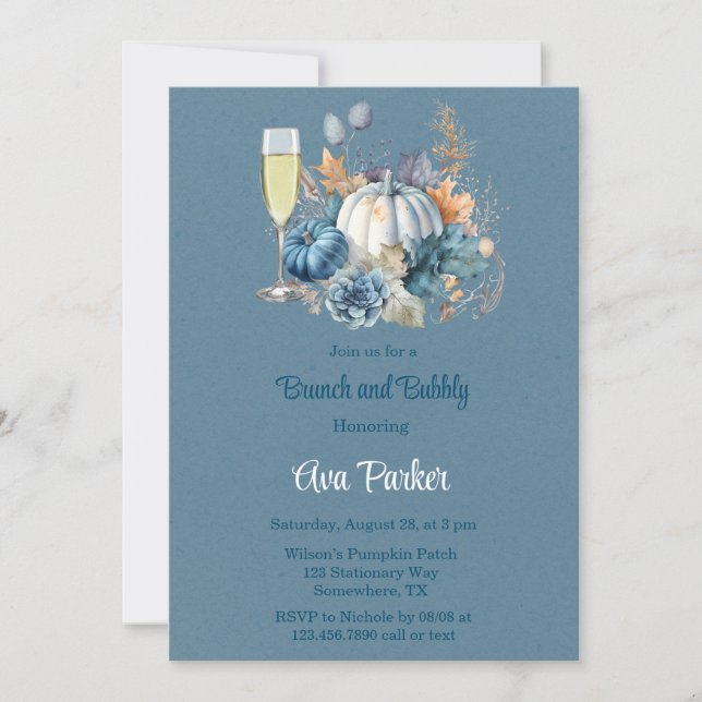 Blue Orange Pumpkin Peony Brunch and Bubbly Invitation (Front)
