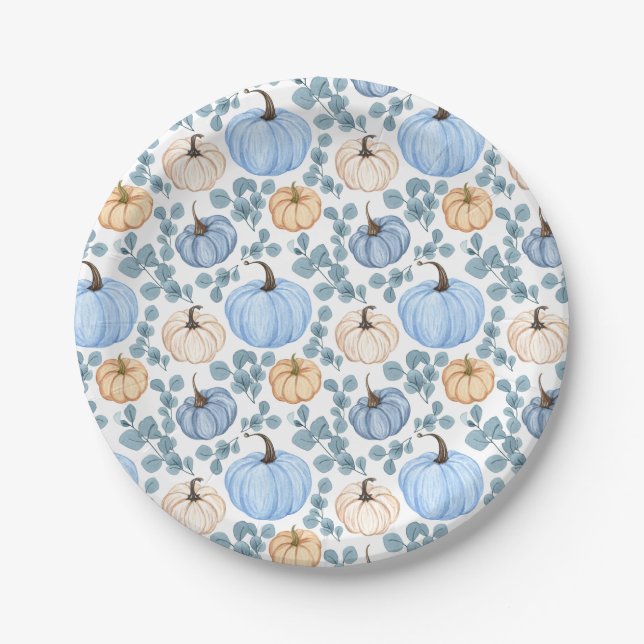 Blue & Orange Pumpkins and Eucalyptus Leaves  Paper Plate (Front)