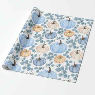 Blue & Orange Pumpkins and Eucalyptus Leaves Wrapping Paper
