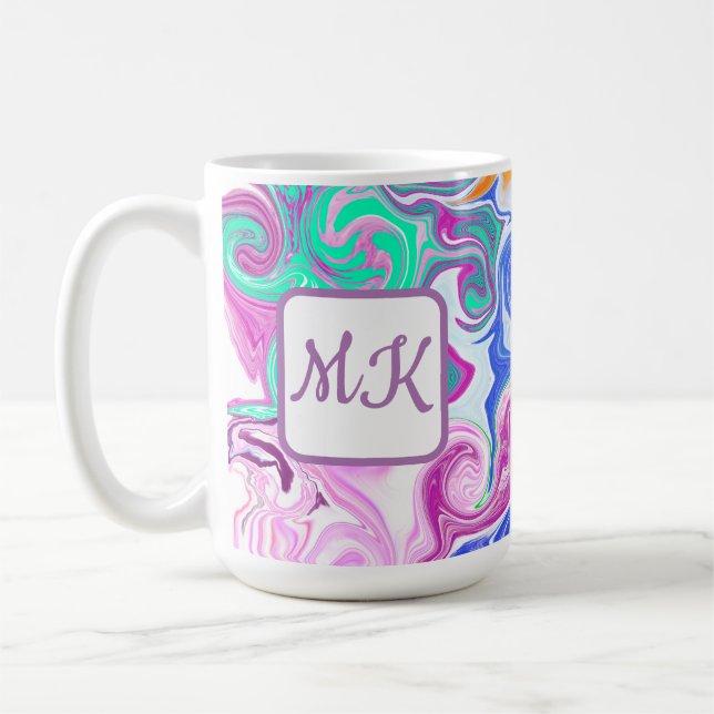 Blue, Orange, Purple and Teal Fluid Art Monogram Coffee Mug (Left)