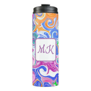 Blue, Orange, Purple and Teal Fluid Art Monogram Thermal Tumbler