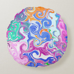 Blue, Orange, Purple Fluid Art   Round Pillow
