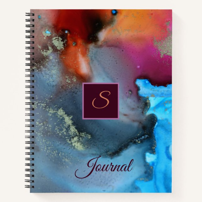 Blue Orange Red Abstract Waves Monogram Notebook (Front)