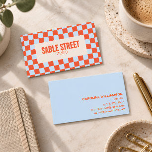 Blue Orange Retro Chequerboard Bold Creative Brand Business Card