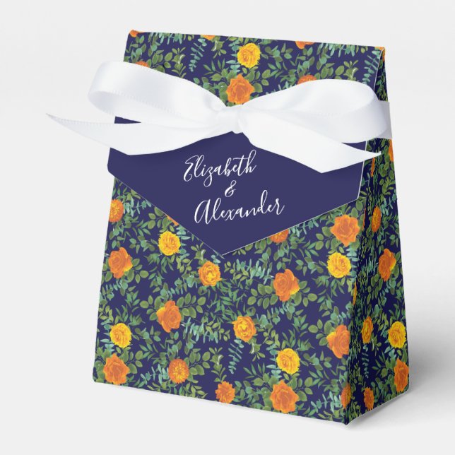 Blue & Orange Rose Floral Modern Wedding Favor Box (Front Side)
