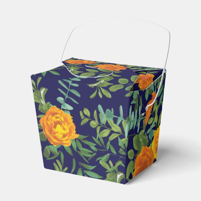 Blue & Orange Rose Floral Modern Wedding Favor Box (Front Side)