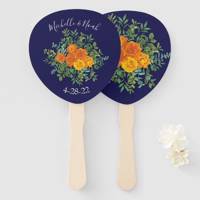 Blue & Orange Rose Floral Modern Wedding Hand Fan (Front and Back)