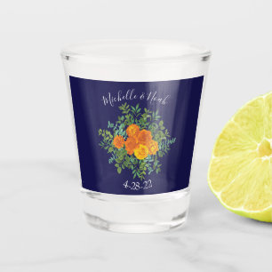 Blue & Orange Rose Floral Modern Wedding Shot Glass