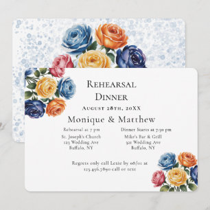 Blue & Orange Rose Wedding Rehearsal Dinner Invitation