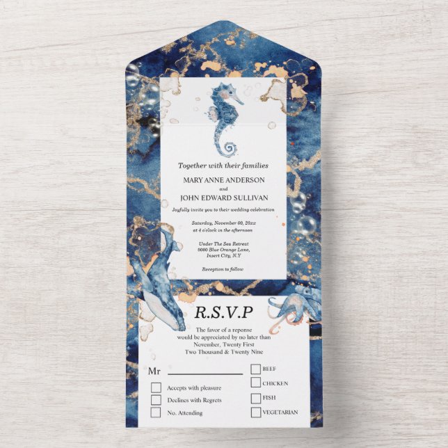 Blue orange seahorse whale ocean deep chic all in one invitation (Inside)