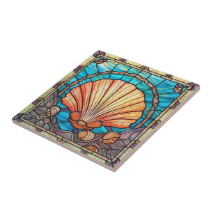 Blue Orange Seashell Stained Glass Tile