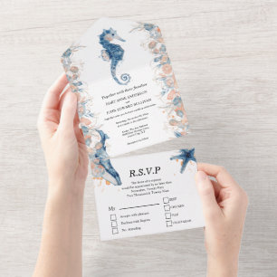 Blue orange starfish seahorse ocean rose all in one invitation